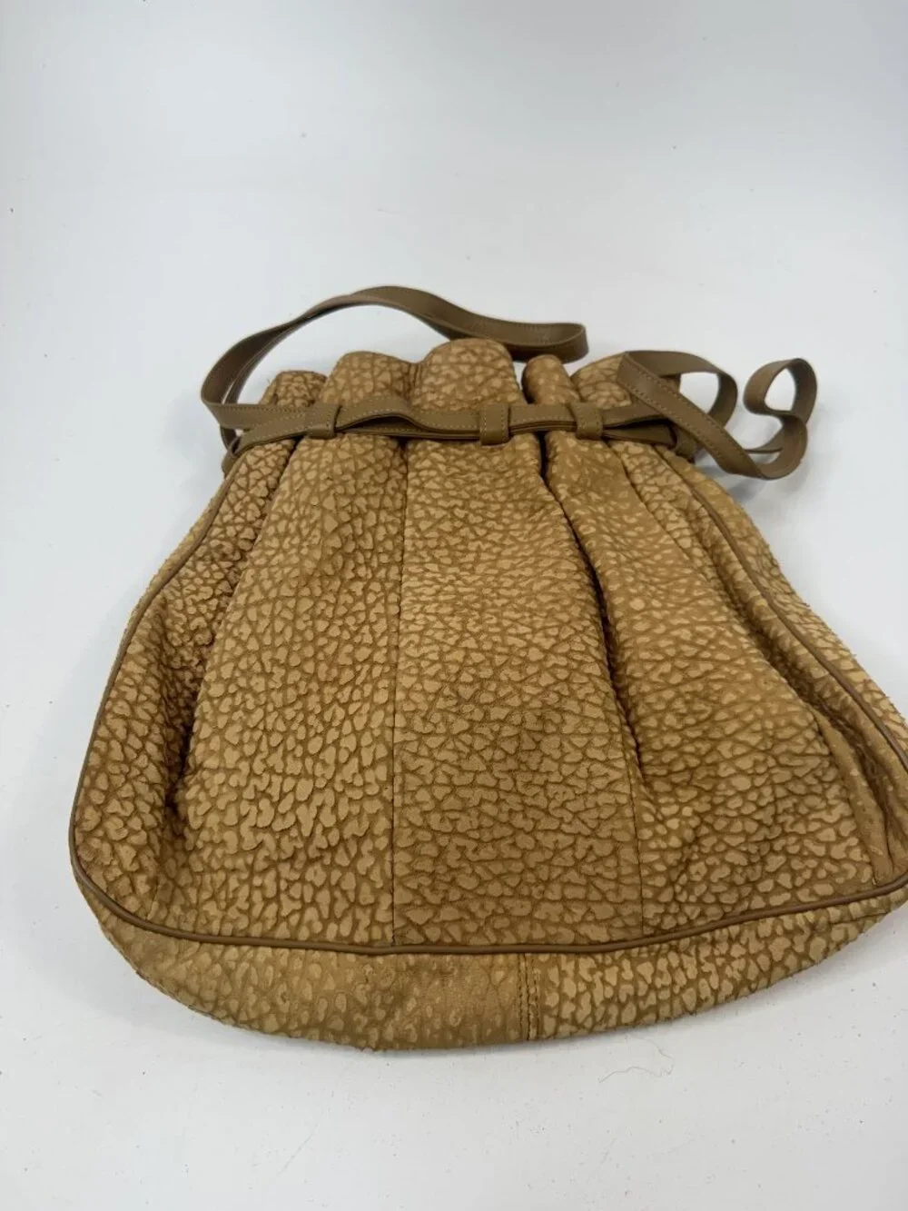Vintage Tan Textured Suede Drawstring Bag With Inner Pouch & Adjustable Straps